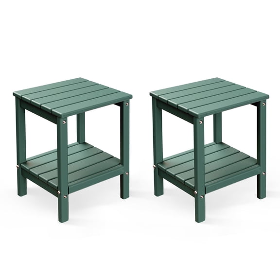 FODINGHILL 2-Tier Outdoor Side Table set of 2, HDPE All Weather Adirondack Patio Table with Storage Shelf, Outside End Table for Porch Backyard Indoor, Dark Green