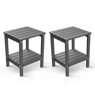 FODINGHILL 2-Tier Outdoor Side Table set of 2, HDPE All Weather Adirondack Patio Table with Storage Shelf, Outside End Table for Porch Backyard Indoor, Grey