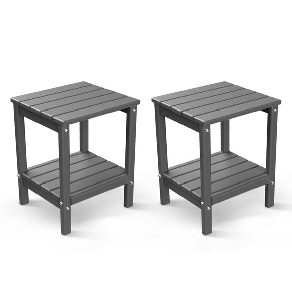 FODINGHILL 2-Tier Outdoor Side Table set of 2, HDPE All Weather Adirondack Patio Table with Storage Shelf, Outside End Table for Porch Backyard Indoor, Grey