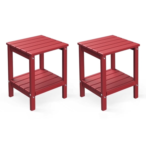 FODINGHILL 2-Tier Outdoor Side Table set of 2, HDPE All Weather Adirondack Patio Table with Storage Shelf, Outside End Table for Porch Backyard Indoor, Red