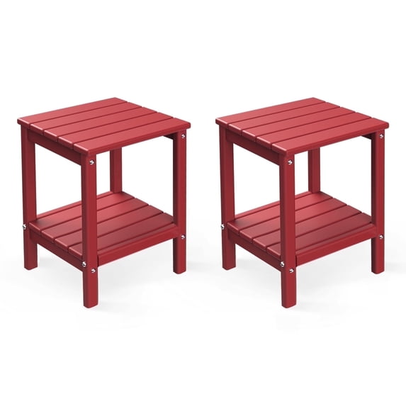 FODINGHILL 2-Tier Outdoor Side Table set of 2, HDPE All Weather Adirondack Patio Table with Storage Shelf, Outside End Table for Porch Backyard Indoor, Red