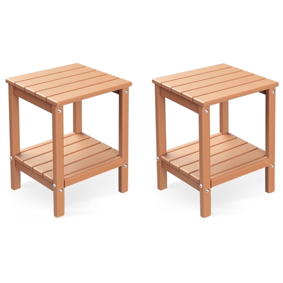 FODINGHILL 2-Tier Outdoor Side Table set of 2, HDPE All Weather Adirondack Patio Table with Storage Shelf, Outside End Table for Porch Backyard Indoor, Teak