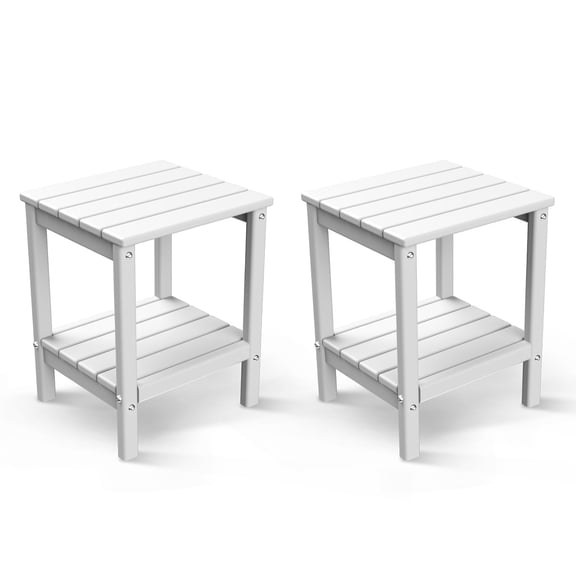 FODINGHILL 2-Tier Outdoor Side Table set of 2, HDPE All Weather Adirondack Patio Table with Storage Shelf, Outside End Table for Porch Backyard Indoor, White