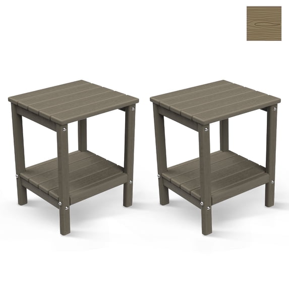 FODINGHILL 2-Tier Outdoor Side Table set of 2, HDPE All Weather Adirondack Patio Table with Storage Shelf, Outside End Table for Porch Backyard Indoor, Wood Grain