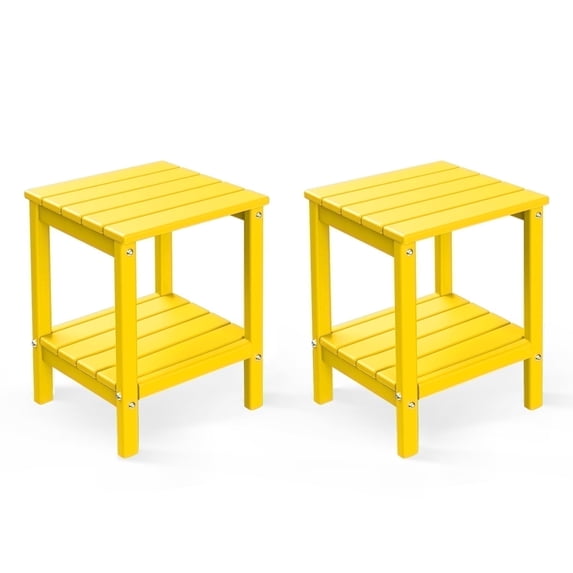 FODINGHILL 2-Tier Outdoor Side Table set of 2, HDPE All Weather Adirondack Patio Table with Storage Shelf, Outside End Table for Porch Backyard Indoor, Yellow