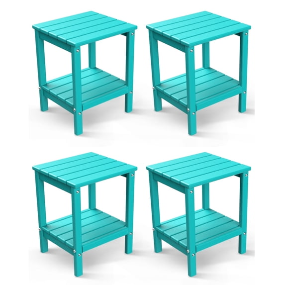 FODINGHILL 2-Tier Outdoor Side Table set of 4, HDPE All Weather Adirondack Patio Table with Storage Shelf, Outside End Table for Porch Backyard Indoor, Aqua