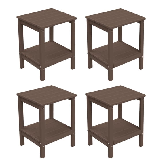 FODINGHILL 2-Tier Outdoor Side Table set of 4, HDPE All Weather Adirondack Patio Table with Storage Shelf, Outside End Table for Porch Backyard Indoor, BrownWood