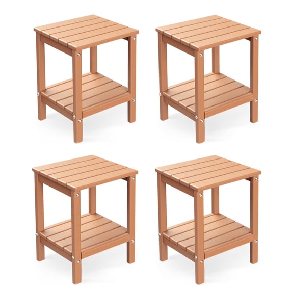 FODINGHILL 2-Tier Outdoor Side Table set of 4, HDPE All Weather Adirondack Patio Table with Storage Shelf, Outside End Table for Porch Backyard Indoor, Teak