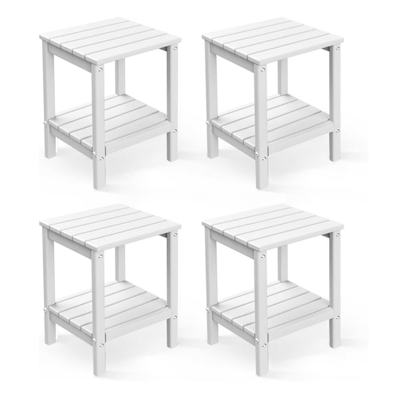 FODINGHILL 2-Tier Outdoor Side Table set of 4, HDPE All Weather Adirondack Patio Table with Storage Shelf, Outside End Table for Porch Backyard Indoor, White