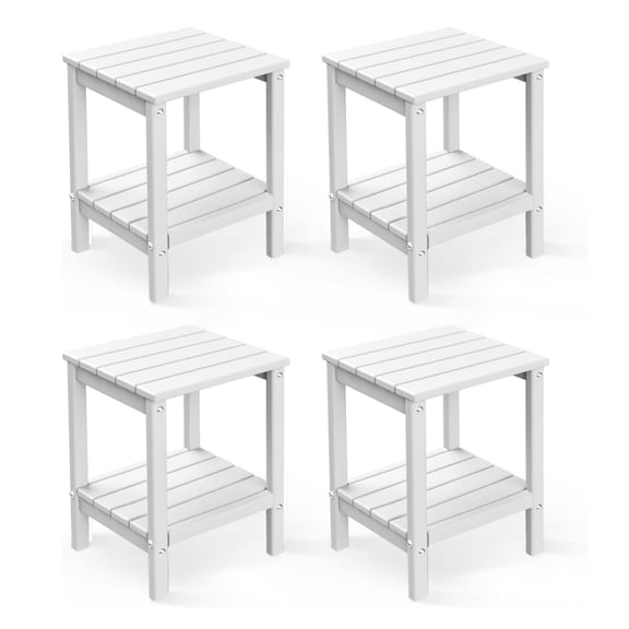 FODINGHILL 2-Tier Outdoor Side Table set of 4, HDPE All Weather Adirondack Patio Table with Storage Shelf, Outside End Table for Porch Backyard Indoor, White