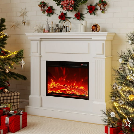 FODINGHILL 43" Electric Fireplace with Mantel,Freestanding Fireplace Heater,Adjustable 3D Flame,Remote Control,1500W,White