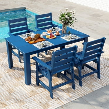 FODINGHILL 5-Piece Outdoor Dining Sets,HDPE Outdoor Dining Table Set with Umbrella Hole & 4 HDPE Chairs,Blue