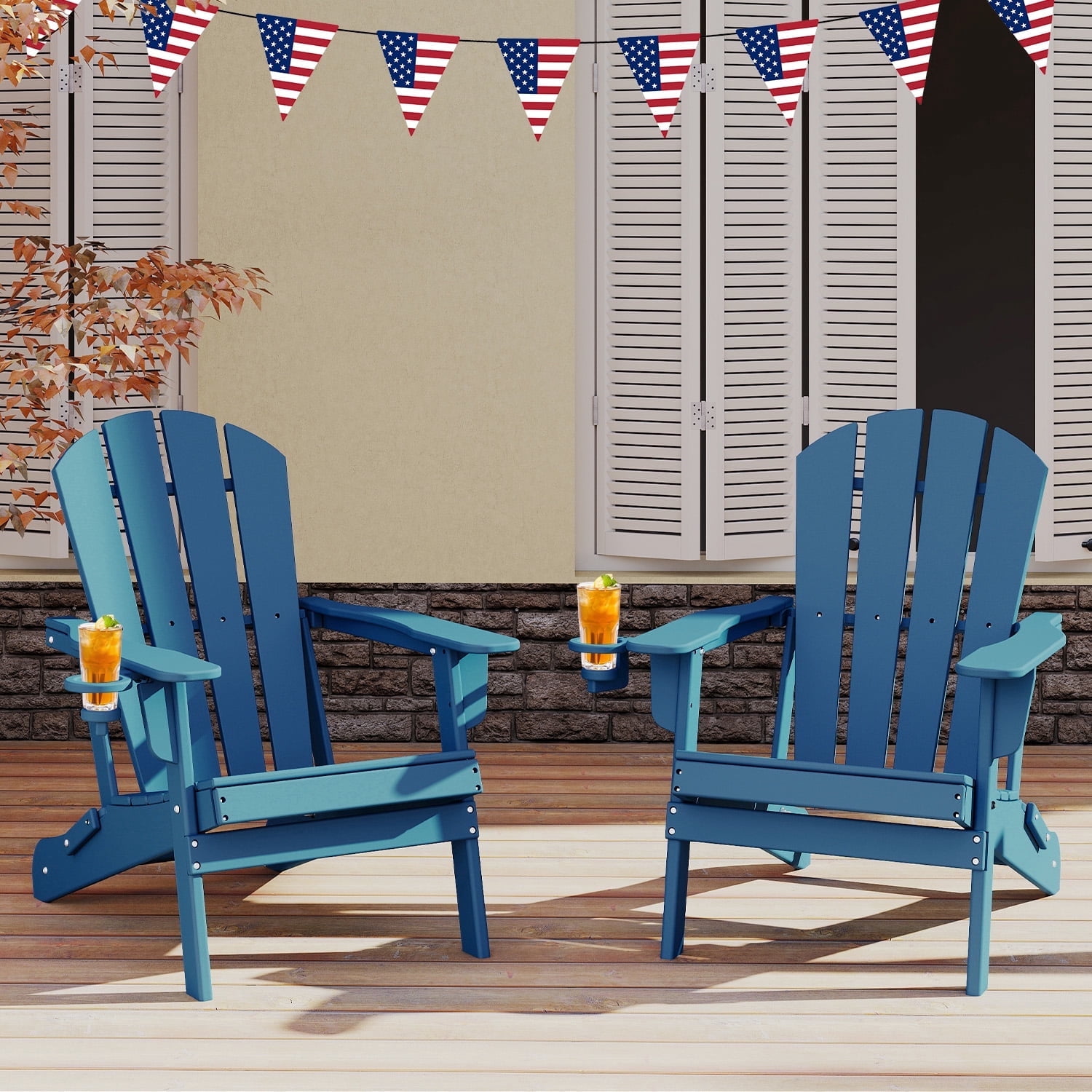 FODINGHILL Folding Adirondack Chair Set of 2,HDPE All Weather Fire Pit Chairs,Outdoor Plastic Chairs for Patio Porch Garden,Blue
