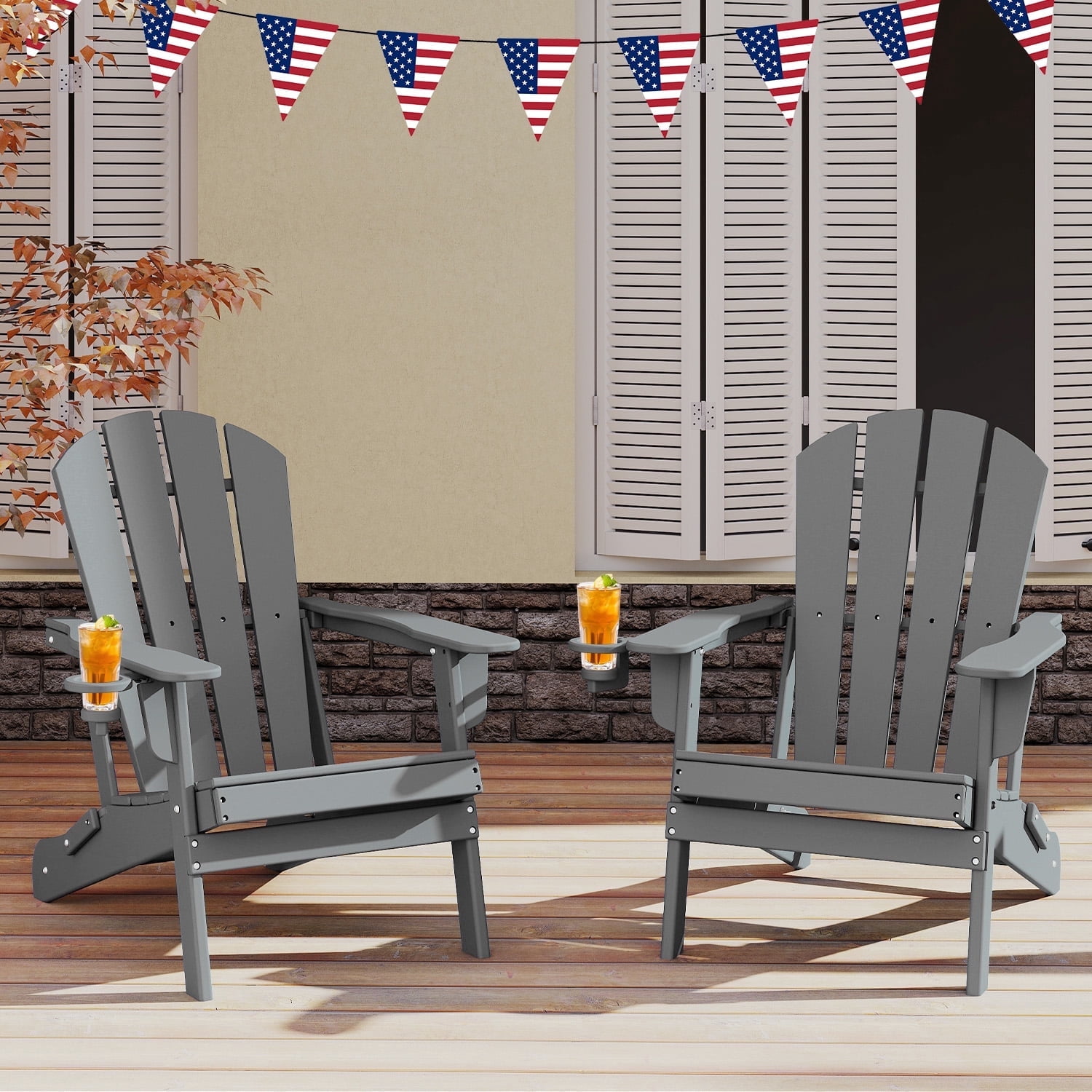 FODINGHILL Folding Adirondack Chair Set of 2,HDPE All Weather Fire Pit Chairs,Outdoor Plastic Chairs for Patio Porch Garden,Grey