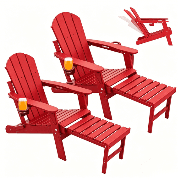 FODINGHILL Folding Adjustable Adirondack Chair Set of 2 with Retractable Ottoman, HDPE All-Weather Firepit Chair W/ Footrest & Dual Cup Holders, Red
