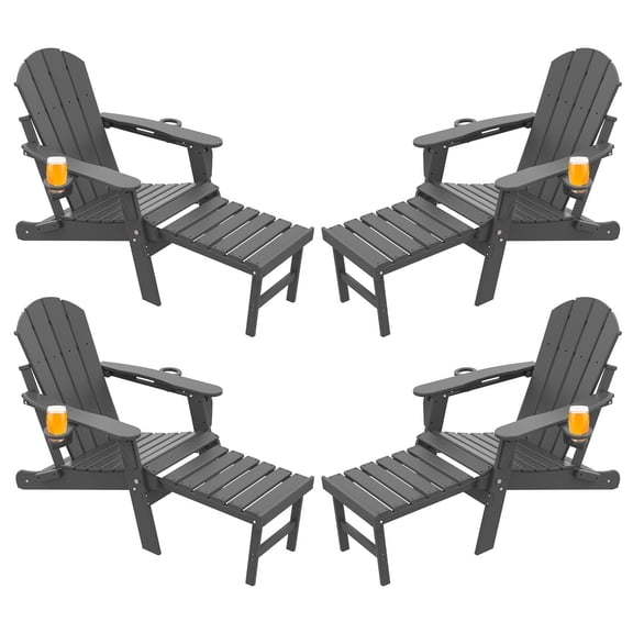 FODINGHILL Folding Adirondack Chair Set of 4 with Ottoman, Adjustable Backrest HDPE All-Weather Firepit Chair with Cup Holder, Gray