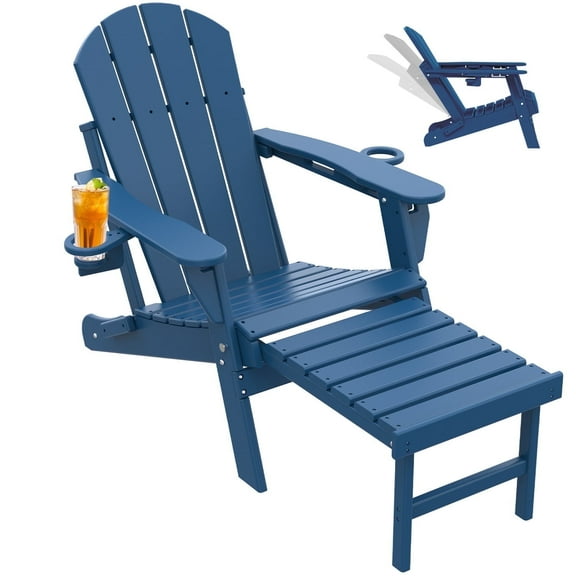 FODINGHILL Folding Adirondack Chair with Ottoman, Adjustable Backrest HDPE All-Weather Firepit Chair with Cup Holder, Blue