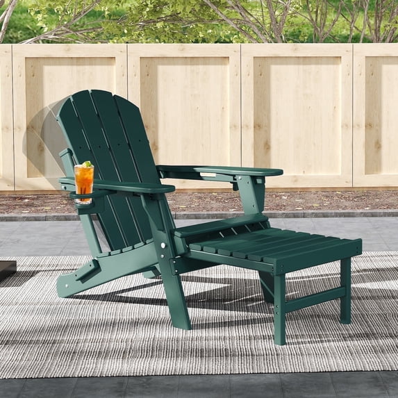 FODINGHILL Folding Adirondack Chair with Ottoman, Adjustable Backrest HDPE All-Weather Firepit Chair with Cup Holder, Forest