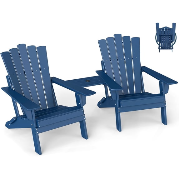 FODINGHILL Folding Adirondack Chairs Set of 2,HDPE All Weather Throne Series Fire Pit Chair with Connecting Tray,for Outdoor Patio Deck Backyard Poolside,Blue