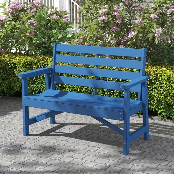 FODINGHILL Outdoor Bench with 2 Seat,HDPE All Weather Park Bench,700LBS Weight Capacity,Suit for Park,Garden and Porch,Blue