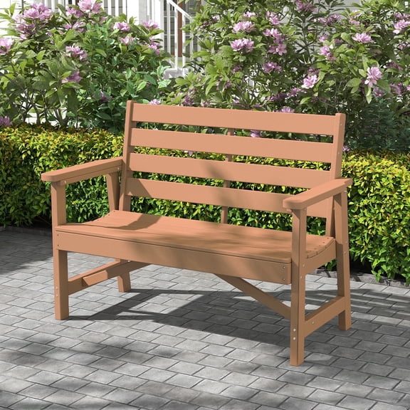 FODINGHILL Outdoor Bench with 2 Seat,HDPE All Weather Park Bench,700LBS Weight Capacity,Suit for Park,Garden and Porch,Teak