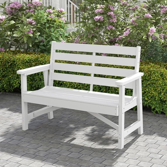 FODINGHILL Outdoor Bench with 2 Seat,HDPE All Weather Park Bench,700LBS Weight Capacity,Suit for Park,Garden and Porch,White