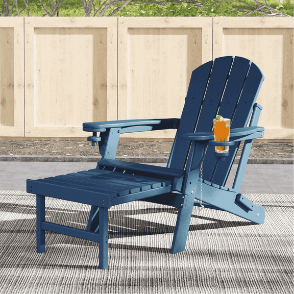 FODINGHILL Folding Adirondack Chair with ottoman , W/ Footrest & Dual Cup Holders, HDPE All Weather Fire Pit Chair for Porch Garden Pool, Blue