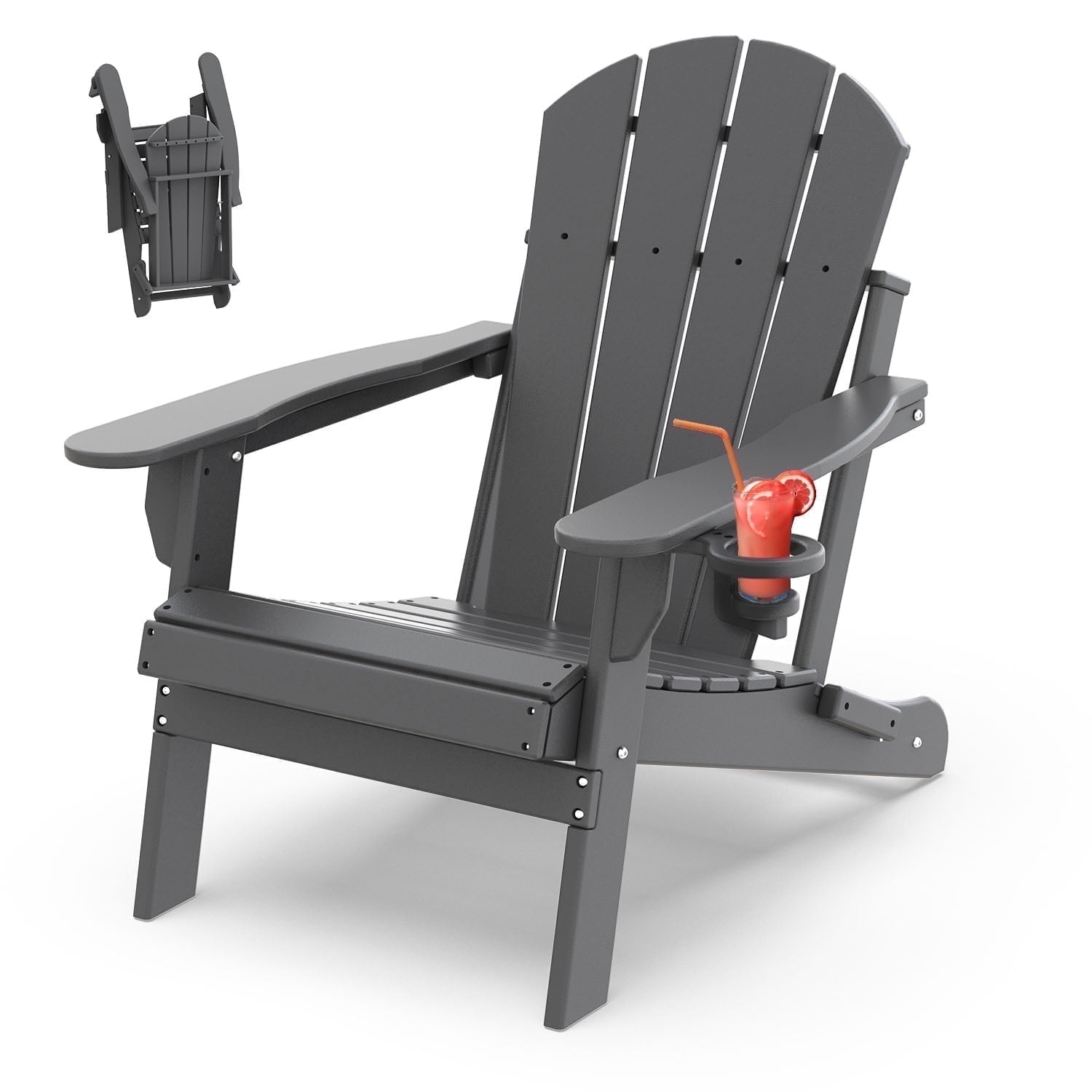 FODINGHILL Outdoor Folding Adirondack Chair, HDPE All Weather Patio Chair with Cup Holder for Deck Backyard Garden, Grey