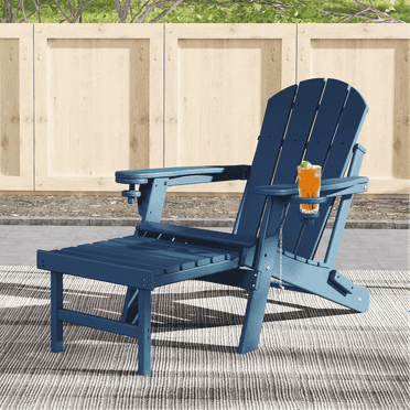 PIPOPA Folding Adirondack Chair with ottoman , W/ Footrest & Dual Cup Holders, HDPE All Weather Fire Pit Chair for Porch Garden Pool, Blue
