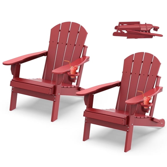 FODINGHILL Outdoor Folding Adirondack Chair set of 2, HDPE All Weather Patio Chair with Cup Holder for Deck Backyard Garden, Red