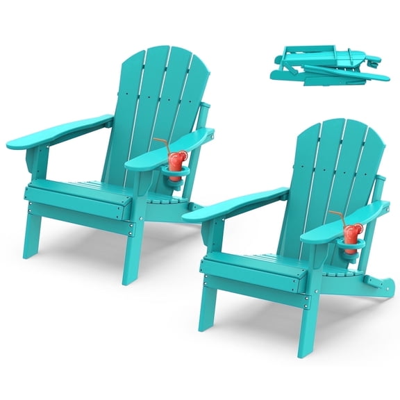 FODINGHILL Outdoor Folding Adirondack Chair set of 2, HDPE All Weather Patio Chair with Cup Holder for Deck Backyard Garden, Aqua