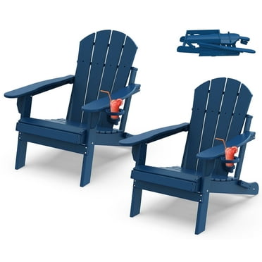 PIPOPA Outdoor Folding Adirondack Chair set of 2, HDPE All Weather Patio Chair with Cup Holder for Deck Backyard Garden, Blue