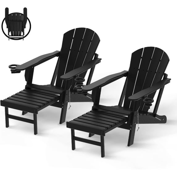 FODINGHILL Outdoor Folding Adirondack Chair with ottoman with ottoman set of 2, HDPE All Weather Patio Chair with Cup Holder for Deck Backyard Garden, Black
