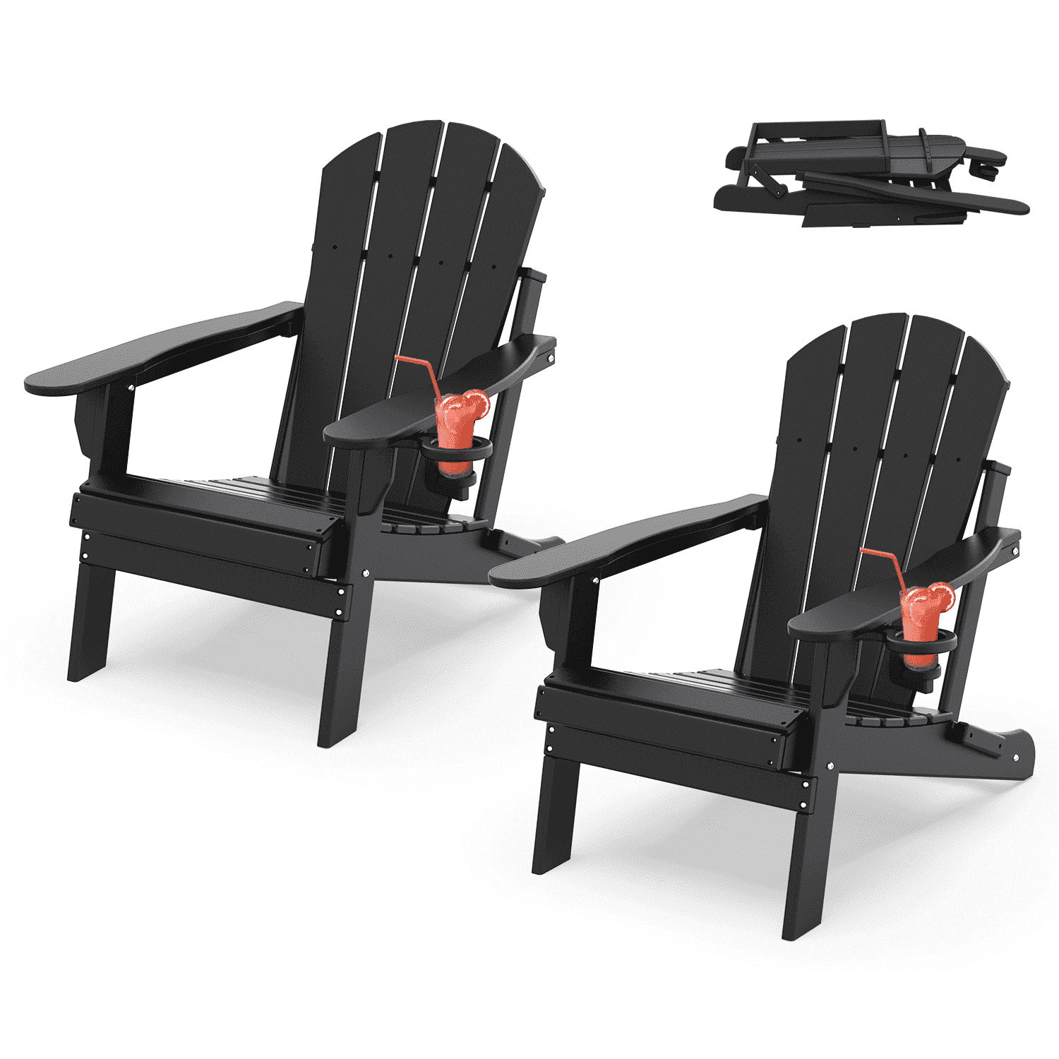 FODINGHILL Outdoor Folding Adirondack Chair Set of 2, HDPE All Weather Patio Chair with Cup Holder for Deck Backyard Garden, Black