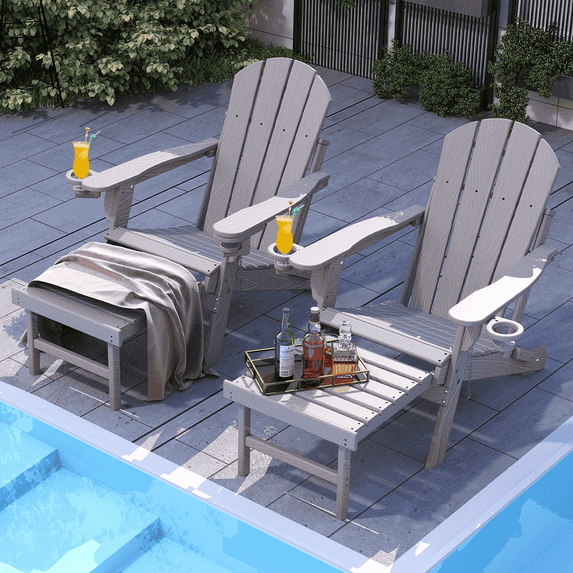 FODINGHILL Folding Adirondack Chair with ottoman set of 2, W/ Footrest & Dual Cup Holders, HDPE All Weather Fire Pit Chair for Backyard Garden Pool, Wood