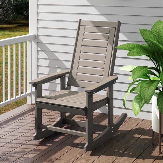 FODINGHILL Outdoor Rocking Chair,HDPE Oversized Rocking Outdoor Chair,High Back Rocking Patio Chairs for Porch Garden Balcony,Wood