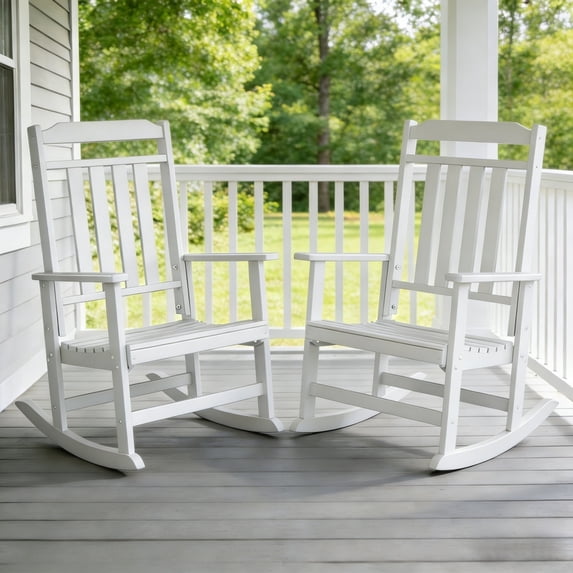 FODINGHILL Outdoor Rocking Chair Set of 2,HDPE All Weather Patio Rocking Chair for Porch Garden Deck,White