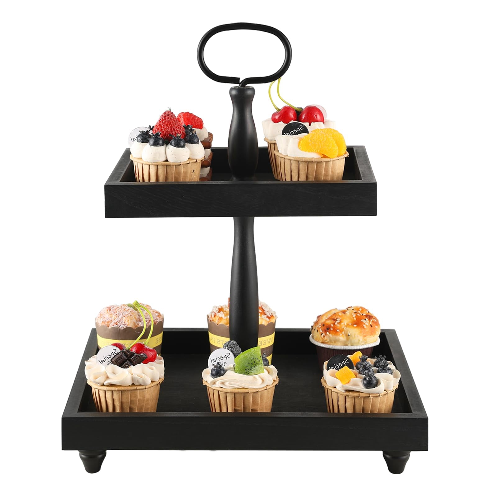 FODISU Rustic Wooden Tiered Tray Stand, 2-Tier Decorative Tray with