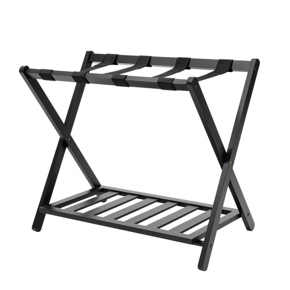 FOGGBET 1pc 2-Tier Foldable Luggage Rack, High-Grade Bamboo Wood Folding Bedroom Storage Rack for Guest Room & Hotel, Black