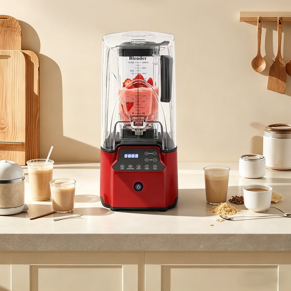 FOGGBET 2.2L Commercial Blender with Soundproof Cover 70db Smoothie Maker & Juicer For 4-5 people Red