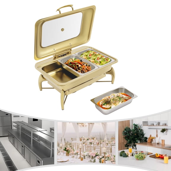 FOGGBET 3-Compartment Chafing Dish, Rectangular Buffet Warmer with Glass Lid&Fuel Stand, Commercial Catering Server for Hotel Restaurant Wedding Party, Gold