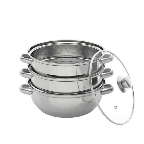 FOGGBET 3-Piece Stainless Steel Steamer Set, Multi-Layer Stackable Cookware with Glass Lid for Gas Induction Hob, Dishwasher Safe