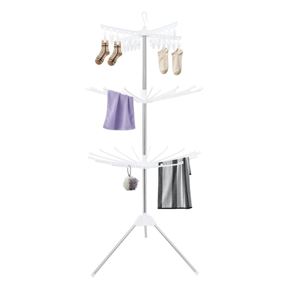 FOGGBET 3-Tier Foldable Clothes Drying Rack, Rotating Clothing Rack w/Three-Legged Base, Top Hook Height 20cm/7.9in,24 Clips Large Capacity Indoor Clothes Airer for Scarves, Towels