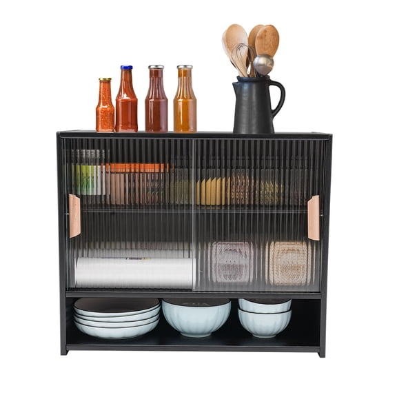 FOGGBET 3 Tiers Rectangular Kitchen Freestanding Storage Cabinet with Clear Sliding Doors,Bamboo,Black 21.6*11*18.1in Capacity 22.05-33.07lbs,for Bedroom, Kitchen, Living Room