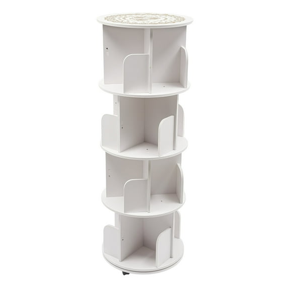 FOGGBET 4 Tier 360 Rotating Round Bookshelf with 4 Wheels(All with Brakes), 18*51in Floor Standing Bookcase Storage Rack,PVC Desktop Bookshelf Counter Bookcase Desktop Shelves(White)