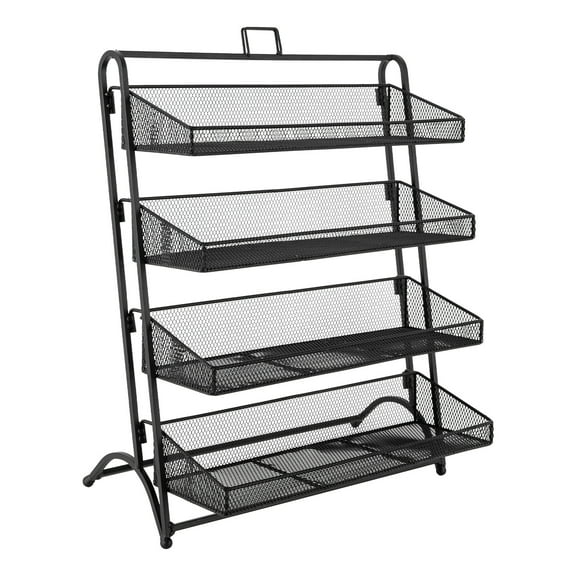 FOGGBET 4-Tier Retail Candy Display Rack with Baskets Metal Snack Organizer Black Iron Modern 16.14x9.84x20.27in Countertop Stable Structure Retail Store Display