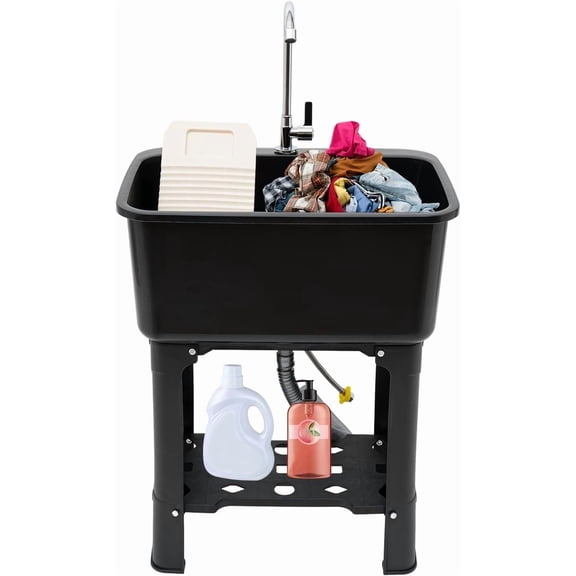 FOGGBET 48L Modern Utility Sink Laundry Tub with Faucet & Washboard Freestanding Sink Faucet Adjustable Angle 360 Load-Bearing Capacity 110.23lbs 23.62*15.75*30.12in Black