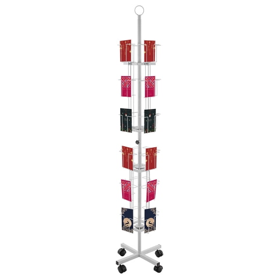 FOGGBET 6-Tier 24-Pocket Iron Brochure Rack, White 360 Rotating Card Display Stand with 4 Universal Wheels(All with Brakes) for offices libraries Mall Gift Shop