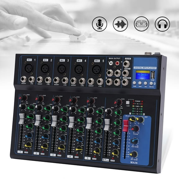 FOGGBET 7 Channel Audio Mixer, Bluetooth Portable Audio Mixer w/USB DJ Sound Mixing Console MP3 Jack 48V Power for Computer Recording, Sounds Mixer Board For Studio Recording