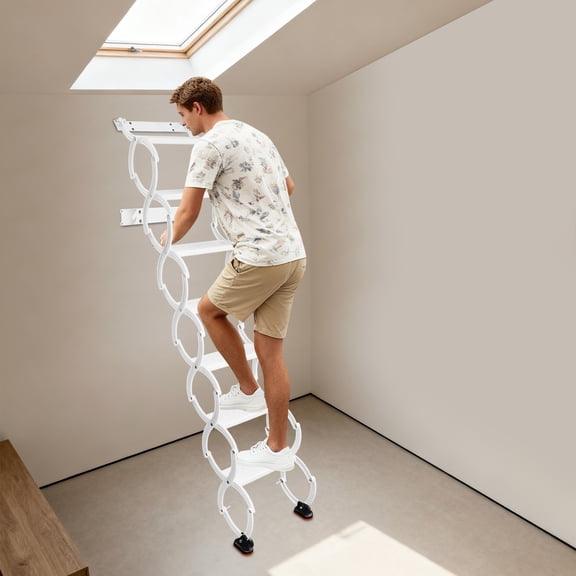FOGGBET 7 Steps Attic Ladder, Wall Mounted Foldable Step Ladder, White, 440 lbs Load, Compact Storage 16.5x14.2x18.5 in, Wall Mounted Ladder